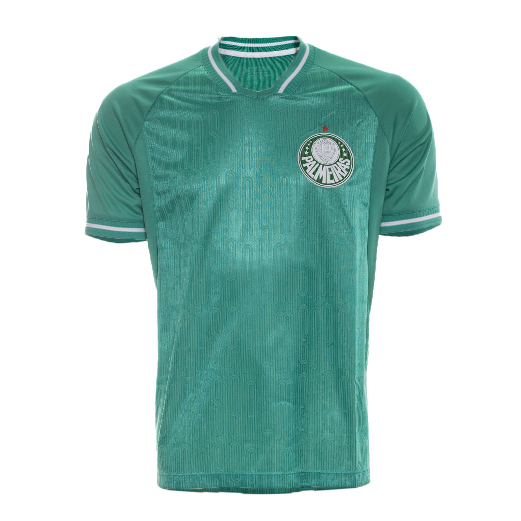 Camiseta masculina verde Palmeiras Champion com logo no peito, gola e mangas com detalhes em branco